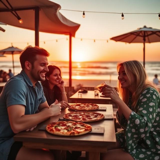 Friends enjoying pizza at sunset