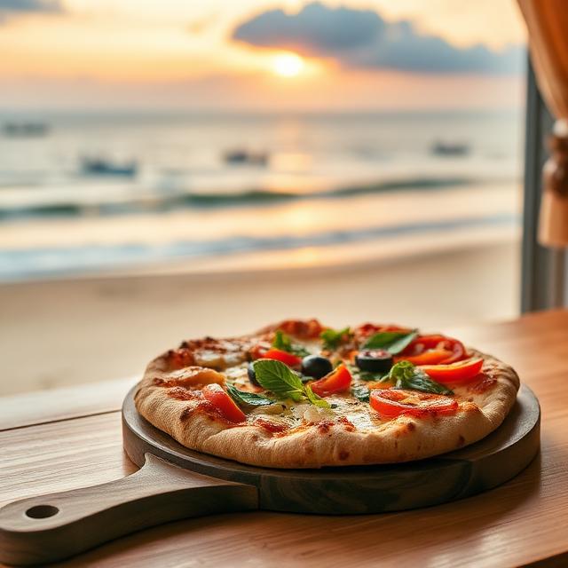 Pizza on board with ocean view